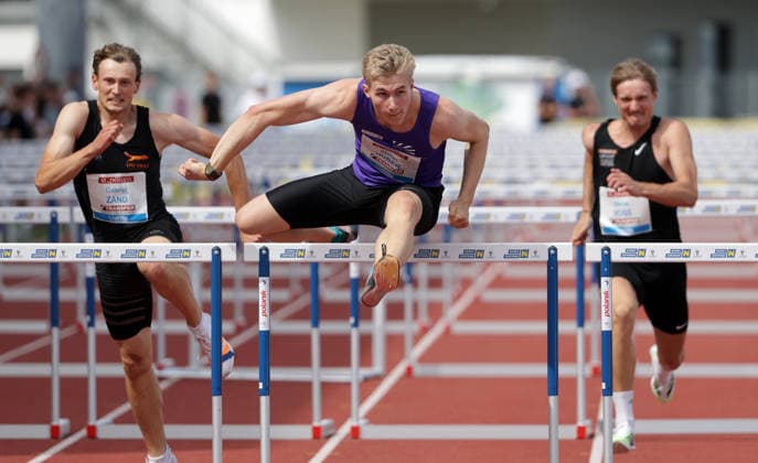 ATHLETICS - Liese Prokop Memorial ST. POELTEN,,04.JUN.26 - ATHLETICS - Liese Prokop Memorial, 110m hurdles, men. Image shows Gabriel Zand, Stefan Huber and Niklas Voss (AUT).  GEPAxpictures xWalterxLuger