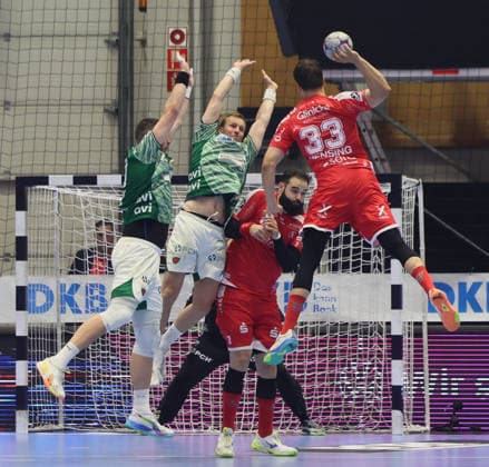 Sport Bilder des Tages GER HBL Saison 2025 2026 MT Melsungen vs. FÜCHSE Berlin, 04.06.26, ROTHENBACH-HALLE, Kassel Mijajlo MARSENIC (Füchse Berlin 93), Max DARJ (Füchse Berlin 5), Ruben MARCHAN (MT Melsungen 2), Aaron MENSING (MT Melsungen 33)