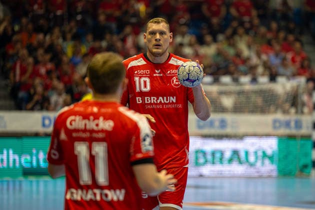 DAIKIN Handball Bundesliga, Kassel, MT Melsungen vs. Fuechse Berlin, Rothenbach-Halle Kassel; 04.06.2026 DAIKIN Handball Bundesliga, Kassel, Germany - 04.06.2026: Dainis Kristopans (MT Melsungen, 10) am Ball, Handball Bundesliga, Spiel der MT Melsungen vs. Fuechse Berlin, Rothenbach-Halle Kassel Copyright: xBEAUTIFULxSPORTS Freudensteinx