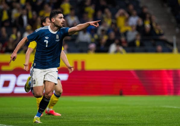 260604 Giorgos Masouras of Greece celebrates after scoring 2-2 during the International Friendly, Länderspiel, Nationalmannschaft football match between Sweden and Greece on June 4, 2026 in Stockholm. Photo: Joel Marklund BILDBYRAN kod JM JM0822 bbeng fotboll football soccer fotball träningslandskamp international friendly sverige sweden sverige a grekland greece jubel Copyright: JOELxMARKLUND BB260604JM073