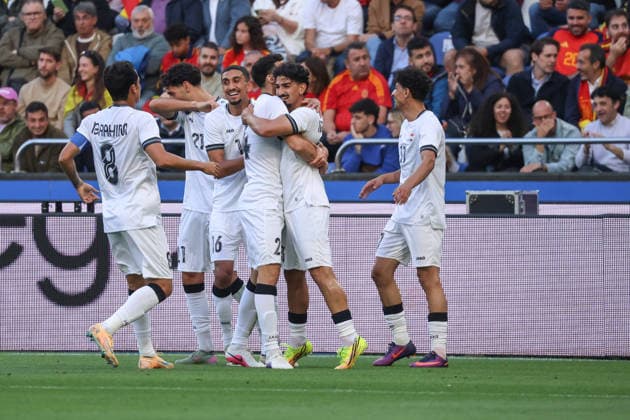 Spain - FIFA friendly - Spain vs Iraq - 04 06 2026 SPAIN, LA CORUNA, JUNE 04: Merchas Doski of Iraq celebrates with Zaid Ismail of Iraq after scoring his team s opening goal during the FIFA friendly football match between Spain and Iraq at Riazor Stadium on June 04, 2026 in La Coruna, Spain. Photo by Manuel Blondeau AOP.Press La Coruna Estadio Riazor Galicia Spain Copyright: x ManuelxBlondeau AOP.Pressx AOP20260604-00003
