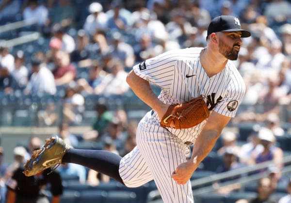 New York Yankees Starting Pitcher Carlos Rodon throws a pitch in the first inning against the Cleveland Guardians at Yankee Stadium on Thursday, June 4, 2026 in New York City. The Yankees defeated the Guardians 2-1.  NYP20260604112 JOHNxANGELILLO