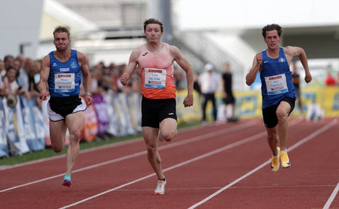 ATHLETICS - Liese Prokop Memorial ST. POELTEN,,04.JUN.26 - ATHLETICS - Liese Prokop Memorial, 100m, men. Image shows Klaus Gruenbart (AUT), Coby Hilton (USA) and Abel Takacs (HUN).  GEPAxpictures xWalterxLuger