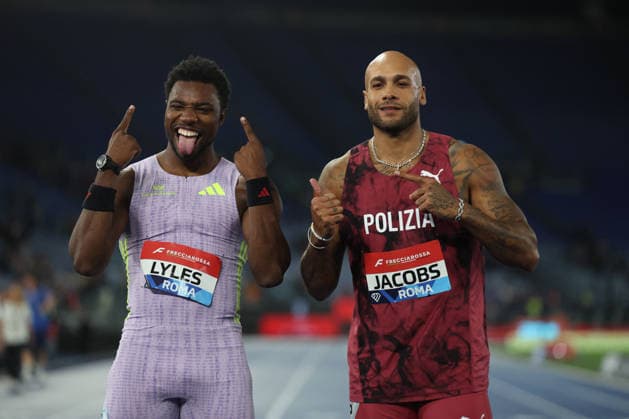 ATHLETICS - Athletics Internationals - Golden Gala Pietro Mennea - Wanda Diamond League Photo by IPA ABACAPRESS.COM85328894 - ROME, Italy - June 4, 2026: Noah LYLES , Lamont Marcell JACOBS during Men s 100 Metres. The world s top track and field athletes compete at the Golden Gala Pietro Mennea at Rome s Olympic Stadium, the fifth stop of the 2026 Wanda Diamond League season. The prestigious meeting brings together international stars for an evening of elite performances in one of athletics most iconic events. Roma Italy  Copyright: xIPAxSport ABACAx