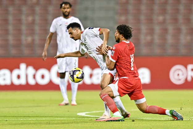 Lebanon v Yemen - AFC Asian Cup 2027 Qualifiers Leonardo Farah Shahin (R) of Lebanon and Osama Anbar of Yemen compete during the Asian Cup Saudi Arabia 2027 Qualifiers match between Lebanon and Yemen at Grand Hamad Stadium Stadium in Doha, Qatar, on June 4, 2026. DOHA Qatar Copyright: xNOUSHADx