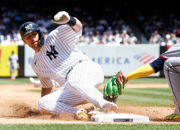 New York Yankees Paul Goldschmidt steals third base in the 4th inning against the Cleveland Guardians at Yankee Stadium on Thursday, June 4, 2026 in New York City. The Yankees defeated the Guardians 2-1.  NYP20260604110 JOHNxANGELILLO