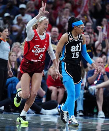 INDIANAPOLIS, IN - JUNE 04: Indiana Fever guard Sophie Cunningham (8) reacts to making a 3 point shot against the Atlanta Dream on June 4, 2026, at Gainbridge Fieldhouse in Indianapolis, Indiana. (Photo by Brian Spurlock Icon Sportswire) WNBA, Basketball Damen, USA JUN 04 Atlanta Dream at Indiana Fever EDITORIAL USE ONLY Icon26060412