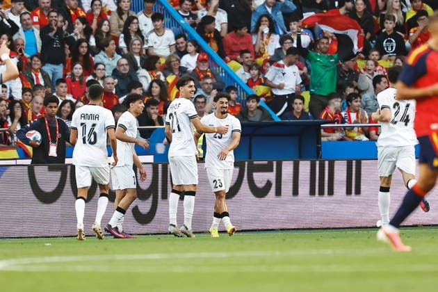 Merchas Doski (IRQ), JUNE 4, 2026 - Football Soccer : Merchas Doski celebrate with team players after his goal during International Friendly, Länderspiel, Nationalmannschaft match between Spain - Iraq at the Estadio Municipal de Riazor in A Coruna, Spain. Noxthirdxpartyxsale  aflo_333275316