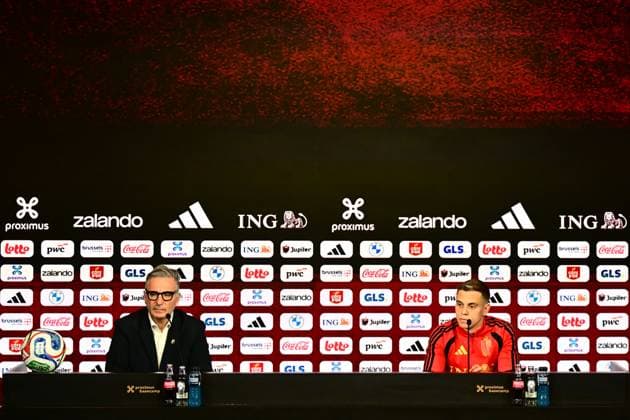 Belgian national football team - FIFA World Cup, WM, Weltmeisterschaft, Fussball 2026 - media activities 05 06 2026 TUBIZE, BELGIUM - JUNE 05 : Steegen David Sports Communication Director of Royal Belgian Football Federation and Trossard Leandro forward of Belgium pictured during a press conference, PK, Pressekonferenz at the training grounds of the Royal Belgian Football Association ahead of the FIFA World Cup 2026 on June 4, 2026 in Tubize, Belgium, 04 06 2026 Tubize Belgium  Copyright: xPeterxDexVoechtx
