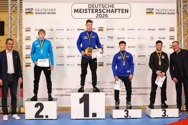 RINGEN - Deutsche Meisterschaften 2026 65kg Podium: Gold Nico Megerle (SV Freiburg-Haslach), Silber Dominic Thiel (SC Isaria Unterföhring), Bronze Dario Fischietti (SV Freiburg-Haslach) und Burak Demir (Schorndorf)
