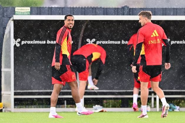Belgian national football team - FIFA World Cup, WM, Weltmeisterschaft, Fussball 2026 - media activities 05 06 2026 TUBIZE, BELGIUM - JUNE 05 : Tielemans Youri midfielder of Belgium and Castagne Timothy defender of Belgium pictured during a training session at the training grounds of the Royal Belgian Football Association ahead of the FIFA World Cup 2026 on June 4, 2026 in Tubize, Belgium, 04 06 2026 Tubize Belgium  Copyright: xPeterxDexVoechtx
