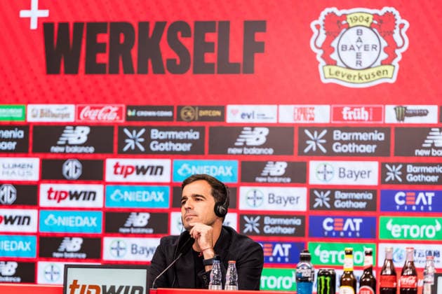 LEVERKUSEN, GERMANY - JUNE 05: Carles Martinez Novell (Head coach Bayer 04 Leverkusen) is being presented as the new Head Coach during a press conference, PK, Pressekonferenz at BayArena on June 05, 2026 in Leverkusen, Germany. North Rhine Westphalia Germany Copyright: xSteffiexWunderlx