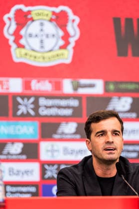 LEVERKUSEN, GERMANY - JUNE 05: Carles Martinez Novell (Head coach Bayer 04 Leverkusen) is being presented as the new Head Coach during a press conference, PK, Pressekonferenz at BayArena on June 05, 2026 in Leverkusen, Germany. North Rhine Westphalia Germany Copyright: xSteffiexWunderlx