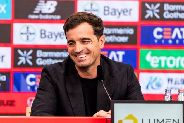 LEVERKUSEN, GERMANY - JUNE 05: Carles Martinez Novell (Head coach Bayer 04 Leverkusen) is being presented as the new Head Coach during a press conference, PK, Pressekonferenz at BayArena on June 05, 2026 in Leverkusen, Germany. North Rhine Westphalia Germany Copyright: xSteffiexWunderlx