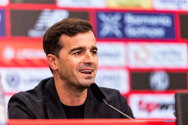 LEVERKUSEN, GERMANY - JUNE 05: Carles Martinez Novell (Head coach Bayer 04 Leverkusen) is being presented as the new Head Coach during a press conference, PK, Pressekonferenz at BayArena on June 05, 2026 in Leverkusen, Germany. North Rhine Westphalia Germany Copyright: xSteffiexWunderlx