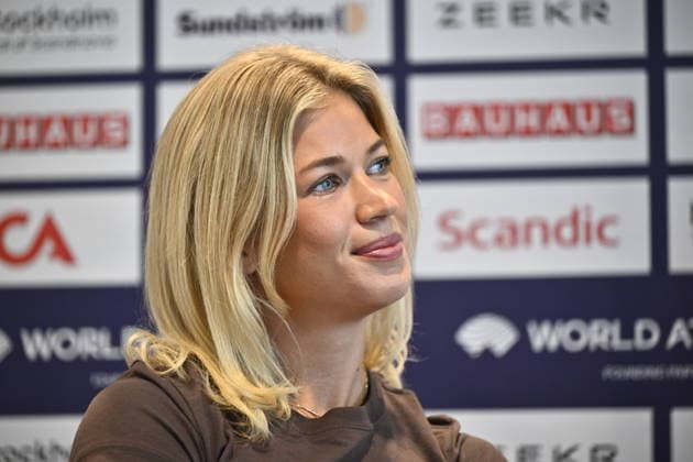 STOCKHOLM, SVERIGE 20260605 Julia Henriksson, under en presskonferens inför Bauhausgalan (Diamond League) i friidrott i Stockholm. STOCKHOLM SVERIGE x10430x