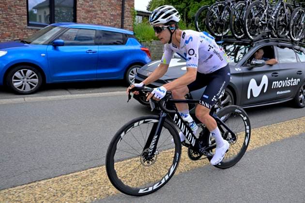 Tour de Wallonie 2026 Stage 5 AUBEL, BELGIUM - JUNE 05 : Rider of Movistar Team during stage 5 of the 47th edition of Ethias Tour de Wallonie an UCI ProSeries 2.Pro cycling road race stage for Men Elite of 176.45 km with start in Bassenge and finish in Aubel on June 5, 2026 in Aubel, Belgium, 05 06 2026 ( Motordriver Pieter Van Herzele - Aubel Belgium  Copyright: xSesx