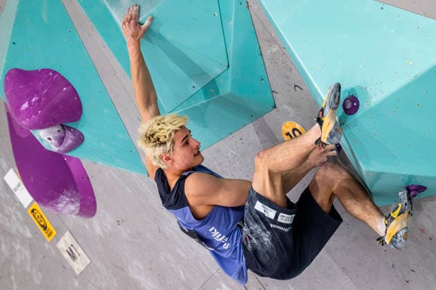 Czech climber Lukas Mokrolusky competes in World Cup in sport climbing: bouldering - semi-finals men, in Prague, Czech Republic, on June 5, 2026. (CTKxPhoto VitxSimanek) CTKPhotoP2026060504670  CTKPhotoP2026060504670