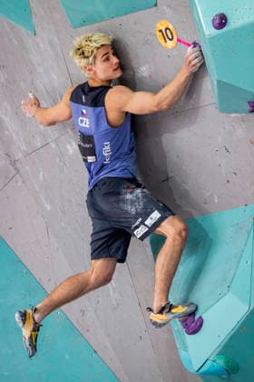 Czech climber Lukas Mokrolusky competes in World Cup in sport climbing: bouldering - semi-finals men, in Prague, Czech Republic, on June 5, 2026. (CTKxPhoto VitxSimanek) CTKPhotoP2026060504794  CTKPhotoP2026060504794