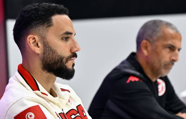 Tunisian Dylan Bronn pictured during a press conference, PK, Pressekonferenz of the Tunisian national soccer team, in Brussels, on Friday 05 June 2026. Tunisia is playing a friendly game against Belgian national soccer team Red Devils tomorrow, part of the preparations for the 2026 FIFA World Cup, WM, Weltmeisterschaft, Fussball ERICxLALMAND  x176121364x