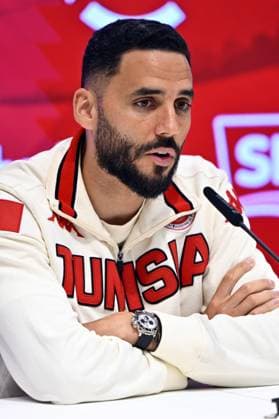 Tunisian Dylan Bronn pictured during a press conference, PK, Pressekonferenz of the Tunisian national soccer team, in Brussels, on Friday 05 June 2026. Tunisia is playing a friendly game against Belgian national soccer team Red Devils tomorrow, part of the preparations for the 2026 FIFA World Cup, WM, Weltmeisterschaft, Fussball ERICxLALMAND  x176121470x