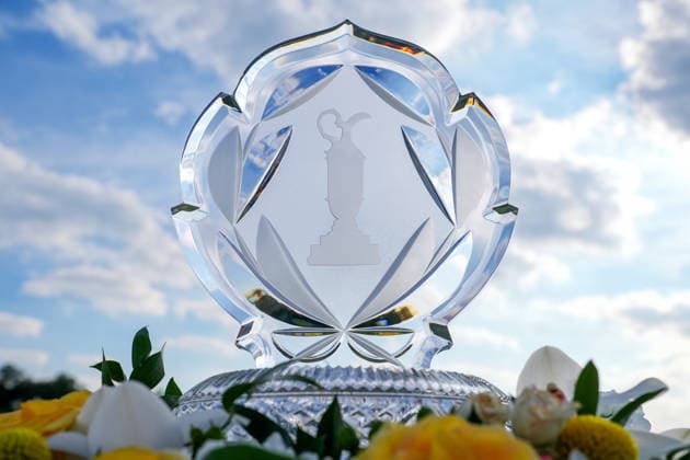 DUBLIN, OH - JUNE 05: Generic view of the Memorial Tournament trophy on display during second round of the Memorial Tournament on June 05, 2026 at the Muirfield Village Golf Club in Dublin, Ohio. (Photo by Jason Mowry Icon Sportswire) GOLF: JUN 05 PGA, Golf Herren the Memorial Tournament presented by Workday EDITORIAL USE ONLY Icon260605001