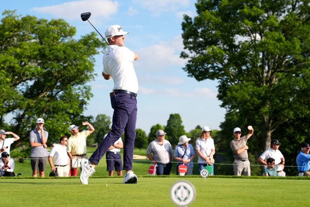 DUBLIN, OH - JUNE 05: Taylor Pendrith of Canada plays his shot from the first tee during second round of the Memorial Tournament on June 05, 2026 at the Muirfield Village Golf Club in Dublin, Ohio. (Photo by Jason Mowry Icon Sportswire) GOLF: JUN 05 PGA, Golf Herren the Memorial Tournament presented by Workday EDITORIAL USE ONLY Icon260605003