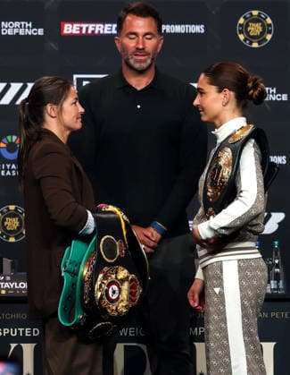 Matchroom Boxing press conference, PK, Pressekonferenz Croke Park, Dublin 5 6 2026 Katie Taylor and Flora Pili face off alongside promoter Eddie Hearn Katie Taylor and Flora Pili face off alongside Eddie Hearn 5 6 2026  Copyright: x INPHO GaryxCarrx AC014963