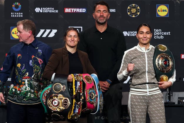 Matchroom Boxing press conference, PK, Pressekonferenz Croke Park, Dublin 5 6 2026 Katie Taylor and Flora Pili with promoter Eddie Hearn and Brian Peters Katie Taylor and Flora Pili with Eddie Hearn and Brian Peters 5 6 2026  Copyright: x INPHO GaryxCarrx AC014976