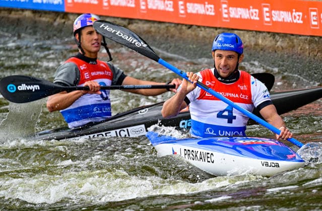2026 ICF Canoe Slalom World Cup in Prague, Czech Republic, on June 5, 2026. Jakub Krejci, left, and Jiri Prskavec, both from Czechia. (CTKxPhoto RomanxVondrous) CTKPhotoP2026060505619  CTKPhotoP2026060505619