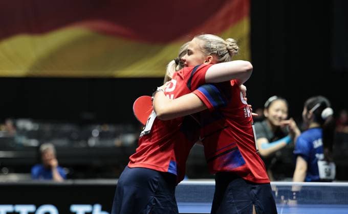 TT Finals Thueringen 05.06.2026, Erfurt, Messehalle, TT Finals, LOTTO Thueringen Tischtennis-Finals, sechs Deutsche Meisterschaften werde unter einem Dach ausgetragen im Bild: Jugend 19 Finale Doppel -osephine Neumann un Lorena Morsch gewinnen das Finale und sind Deutscher Meister