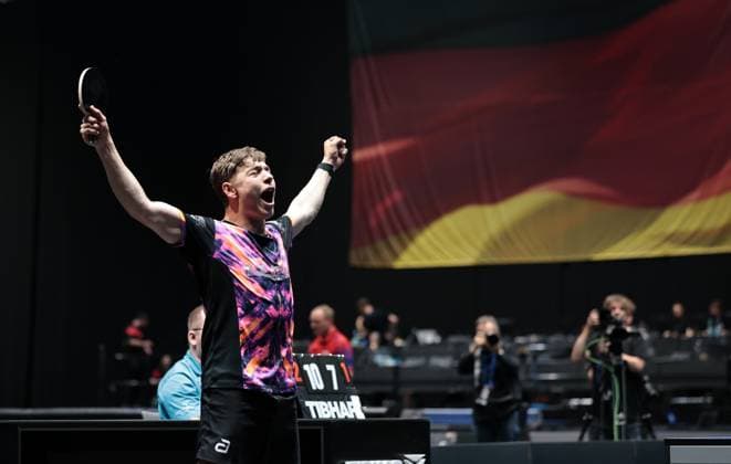 TT Finals Thueringen 05.06.2026, Erfurt, Messehalle, TT Finals, LOTTO Thueringen Tischtennis-Finals, sechs Deutsche Meisterschaften werde unter einem Dach ausgetragen im Bild: Jugend 19 Finale Doppel -Jamal Oudriss jublt, nachdem er das Finale mit Mio Lukas Wagner gewinnt
