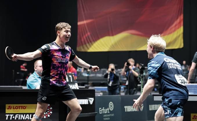 TT Finals Thueringen 05.06.2026, Erfurt, Messehalle, TT Finals, LOTTO Thueringen Tischtennis-Finals, sechs Deutsche Meisterschaften werde unter einem Dach ausgetragen im Bild: Jugend 19 Finale Doppel -Jamal Oudriss und Mio Lukas Wagner gewinnen das Finale und sind Deutscher Meister