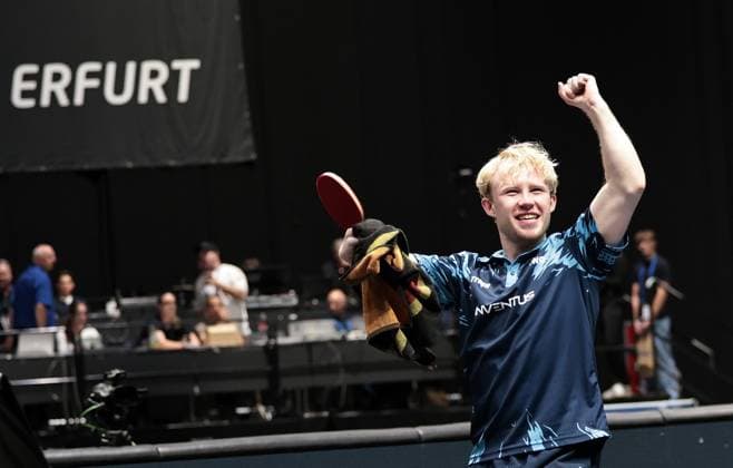 TT Finals Thueringen 05.06.2026, Erfurt, Messehalle, TT Finals, LOTTO Thueringen Tischtennis-Finals, sechs Deutsche Meisterschaften werde unter einem Dach ausgetragen im Bild: Jugend 19 Finale -Mio Lukas Wagner gewinnt das Finale gegen Jia Yuang Zhang im Einzel und ist Deutscher Meister