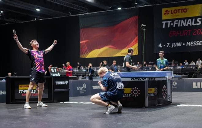 TISCHTENNIS TT-FINALS 2026 IN ERFURT ** NUR FÜR REDAKTIONELLE ZWECKE ** EDITORIAL USE ONLY **<p>05 06 2026-Erfurt: 94. Nationale Deutsche Meisterschaften Damen Herren im Rahmen der Deutschen TT-Finals Deutsche Meisterschaften Jugend 19 Doppel - Doppel Finale im Foto: Mio Lukas Wagner (SV Siek TTVSH), rechts, jubelt mit Jamal Oudriss (TV Refrath), links ( Deutschland Thueringen Erfurt Copyright: SaschaxFromm