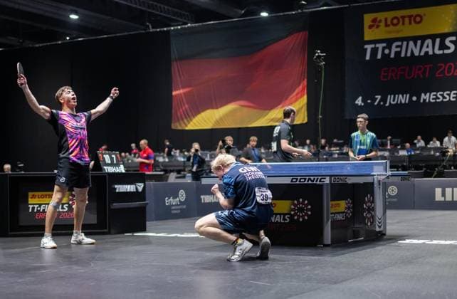 TISCHTENNIS TT-FINALS 2026 IN ERFURT ** NUR FÜR REDAKTIONELLE ZWECKE ** EDITORIAL USE ONLY **<p>05 06 2026-Erfurt: 94. Nationale Deutsche Meisterschaften Damen Herren im Rahmen der Deutschen TT-Finals Deutsche Meisterschaften Jugend 19 Doppel - Doppel Finale im Foto: Mio Lukas Wagner (SV Siek TTVSH), rechts, jubelt mit Jamal Oudriss (TV Refrath), links ( Deutschland Thueringen Erfurt Copyright: SaschaxFromm