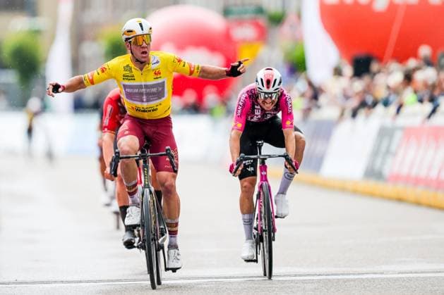 New Zealander Ben Oliver of Modern Adventure Pro Cycling celebrates as he crosses the finish line to win the fifth stage of the Tour De Wallonie cycling race, from Bassenge to Aubel (176,4 km), on Friday 05 June 2026. DAVIDxPINTENS  x176151009x