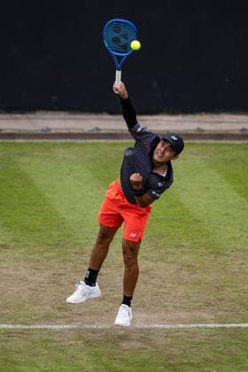 RECORD DATE NOT STATED 5th June 2026; The Edgbaston Priory Club, Birmingham, Midlands, England; 2026 Lexus Birmingham Open Tennis, Day Seven; Rinky Hijikata (AUS) serves in his quarter final match against Arthur Fery (GBR) GodfreyxPitt