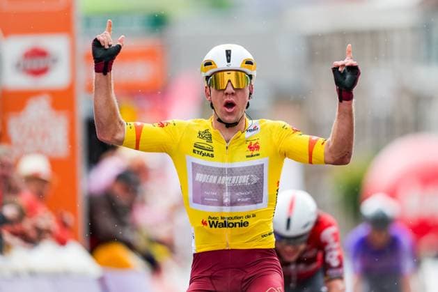 New Zealander Ben Oliver of Modern Adventure Pro Cycling celebrates as he crosses the finish line to win the fifth stage of the Tour De Wallonie cycling race, from Bassenge to Aubel (176,4 km), on Friday 05 June 2026. DAVIDxPINTENS  x176151836x