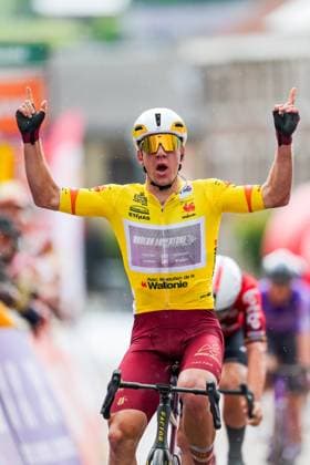 New Zealander Ben Oliver of Modern Adventure Pro Cycling celebrates as he crosses the finish line to win the fifth stage of the Tour De Wallonie cycling race, from Bassenge to Aubel (176,4 km), on Friday 05 June 2026. DAVIDxPINTENS  x176152348x