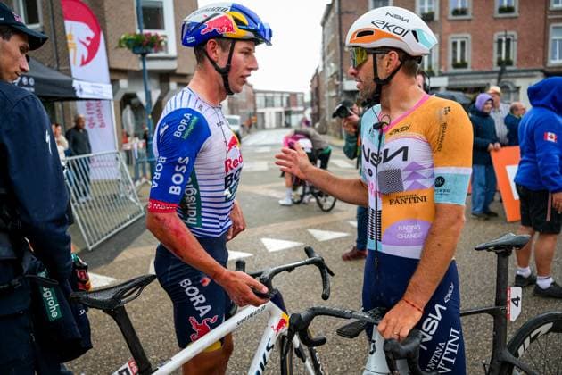 New Zealander Laurence Pithie of Red Bull-BORA-hansgrohe and Belgian Tom Van Asbroeck of NSN Cycling Team pictured after the fifth stage of the Tour De Wallonie cycling race, from Bassenge to Aubel (176,4 km), on Friday 05 June 2026. DAVIDxPINTENS  x176152472x