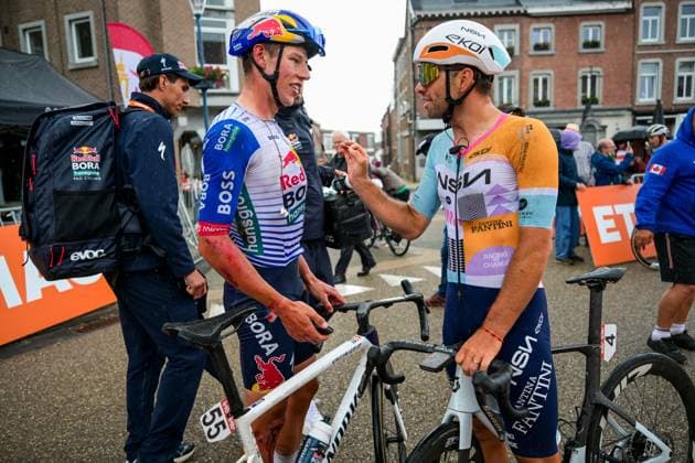 New Zealander Laurence Pithie of Red Bull-BORA-hansgrohe and Belgian Tom Van Asbroeck of NSN Cycling Team pictured after the fifth stage of the Tour De Wallonie cycling race, from Bassenge to Aubel (176,4 km), on Friday 05 June 2026. DAVIDxPINTENS  x176152843x