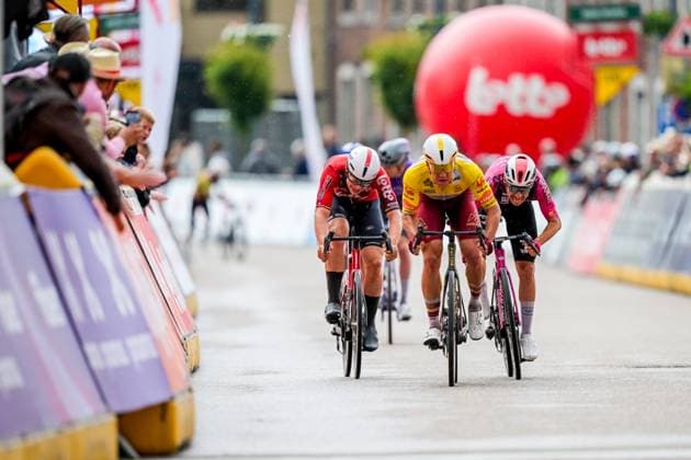 Belgian Arnaud De Lie of Lotto-Intermarche and New Zealander Ben Oliver of Modern Adventure Pro Cycling sprint for the finish of the fifth stage of the Tour De Wallonie cycling race, from Bassenge to Aubel (176,4 km), on Friday 05 June 2026. DAVIDxPINTENS  x176154631x