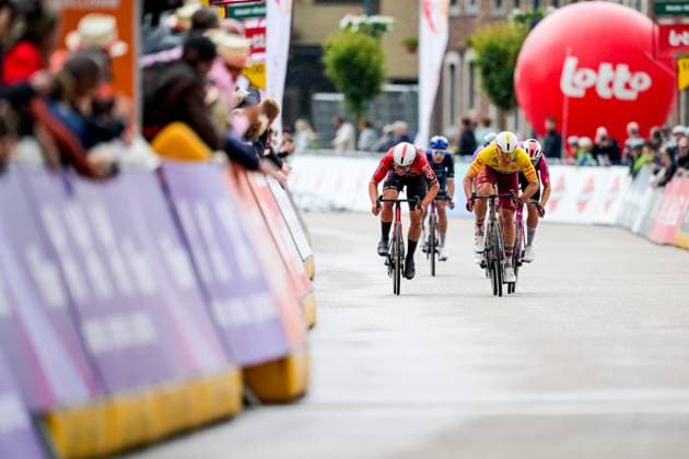 Belgian Arnaud De Lie of Lotto-Intermarche and New Zealander Ben Oliver of Modern Adventure Pro Cycling sprint for the finish of the fifth stage of the Tour De Wallonie cycling race, from Bassenge to Aubel (176,4 km), on Friday 05 June 2026. DAVIDxPINTENS  x176154843x