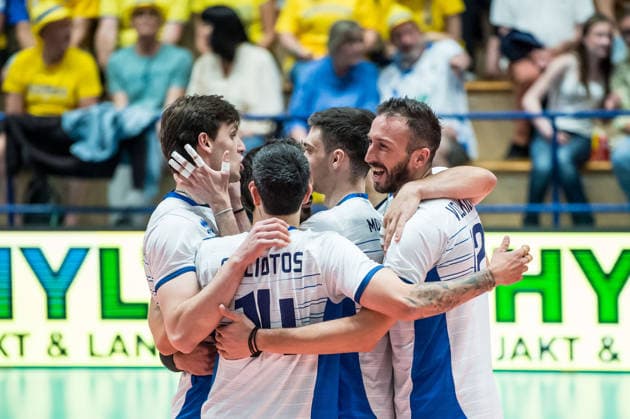 260605 Players of Greece celebrate during the European League match between Greece and Sweden on June 5, 2026 in Lund. Photo: Christian Örnberg BILDBYRAN COP 166 CO0703 volleyboll volleyball landslaget grekland sverige european league bbeng sweden greece jubel Copyright: CHRISTIANxÖRNBERG BB260605CO004