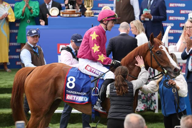 Thundering On (J. Dylan Browne McMonagle T. Joseph OÕBrien) wins The Betfred Oaks during The Oaks Meeting at Epsom Racecourse, Epsom, UK on 5 June 2026. Copyright: xKenxSparksx 45040055