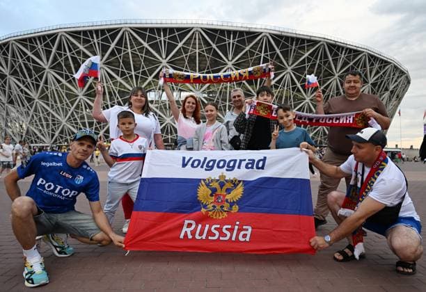 Russia Soccer Friendly Russia - Burkina Faso 9183177 05.06.2026 Russia s fans pose before the friendly soccer match between Russia and Burkina Faso outside Volgograd Arena stadium, in Volgograd, Russia. Maksim Blinov Sputnik Volgograd Russia  Copyright: xMaksimxBlinovx