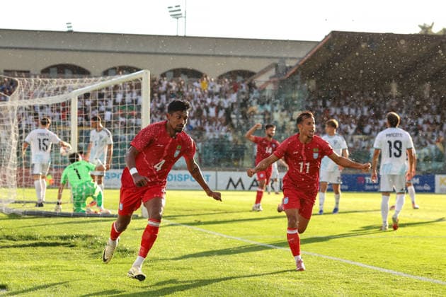 Serravalle, Italy, 5th June 2026. Topu Barman of Bangladesh celebrates with team mate Foysal Ahmed Fahim after scoring to give the visitors a 1-0 lead the San Marino vs Bangladesh International Friendly, Länderspiel, Nationalmannschaft match at San Marino Stadium, Serravalle. Picture credit should read: Jonathan Moscrop Sportimage EDITORIAL USE ONLY. No use with unauthorised audio, video, data, fixture lists, club league logos or live services. Online in-match use limited to 120 images, no video emulation. No use in betting, games or single club league player publications. SPI_033_JM_SANMARINO_BANGLADESH SPI-4833-0033