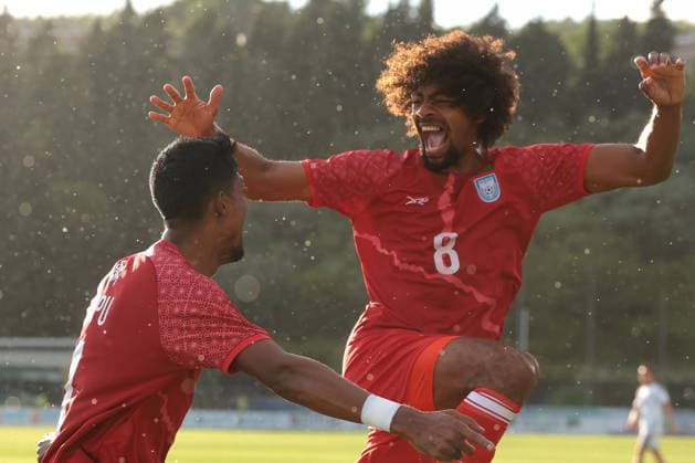 Serravalle, Italy, 5th June 2026. Topu Barman of Bangladesh celebrates with team mate Hamza Choudhury after scoring to give the visitors a 1-0 lead the San Marino vs Bangladesh International Friendly, Länderspiel, Nationalmannschaft match at San Marino Stadium, Serravalle. Picture credit should read: Jonathan Moscrop Sportimage EDITORIAL USE ONLY. No use with unauthorised audio, video, data, fixture lists, club league logos or live services. Online in-match use limited to 120 images, no video emulation. No use in betting, games or single club league player publications. SPI_037_JM_SANMARINO_BANGLADESH SPI-4833-0037