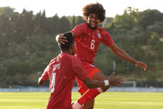 Serravalle, Italy, 5th June 2026. Topu Barman of Bangladesh celebrates with team mate Hamza Choudhury after scoring to give the visitors a 1-0 lead the San Marino vs Bangladesh International Friendly, Länderspiel, Nationalmannschaft match at San Marino Stadium, Serravalle. Picture credit should read: Jonathan Moscrop Sportimage EDITORIAL USE ONLY. No use with unauthorised audio, video, data, fixture lists, club league logos or live services. Online in-match use limited to 120 images, no video emulation. No use in betting, games or single club league player publications. SPI_038_JM_SANMARINO_BANGLADESH SPI-4833-0038